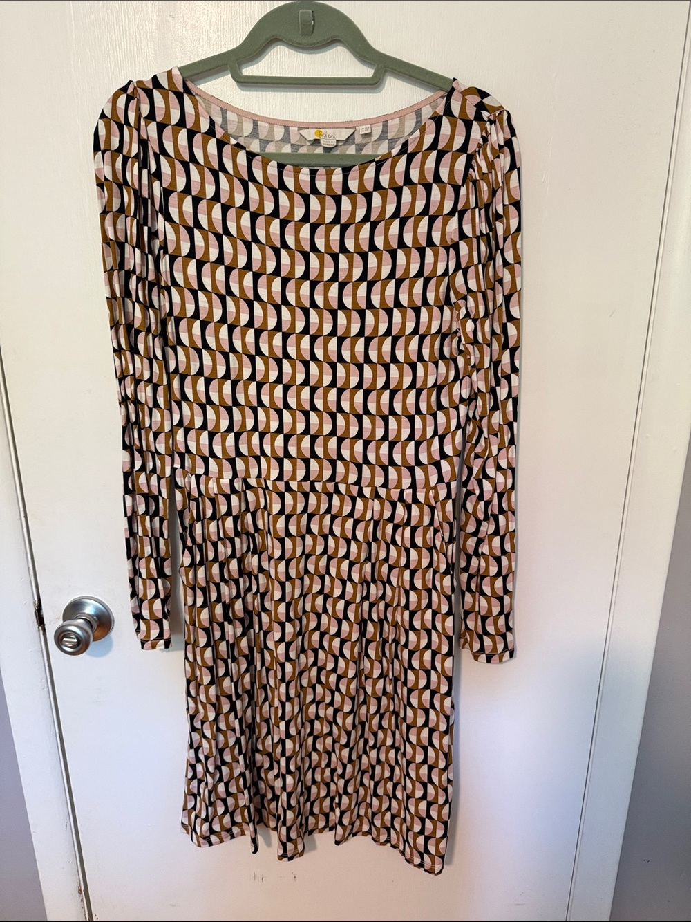Boden Long-Sleeve Geometric Print Dress - Pink & Brown